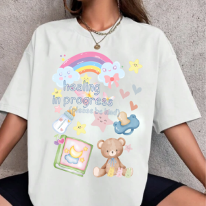 Healing in Progress Graphic T-Shirt with kawaii rainbow and teddy bear print